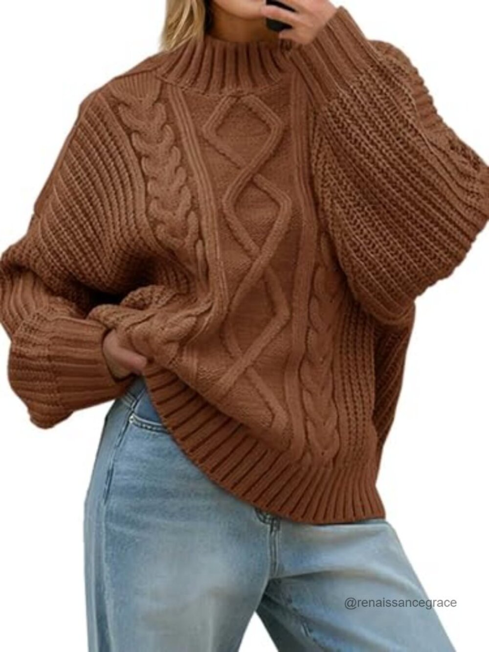 Oversized Cable Knit Mock Neck Button Pullover Sweater